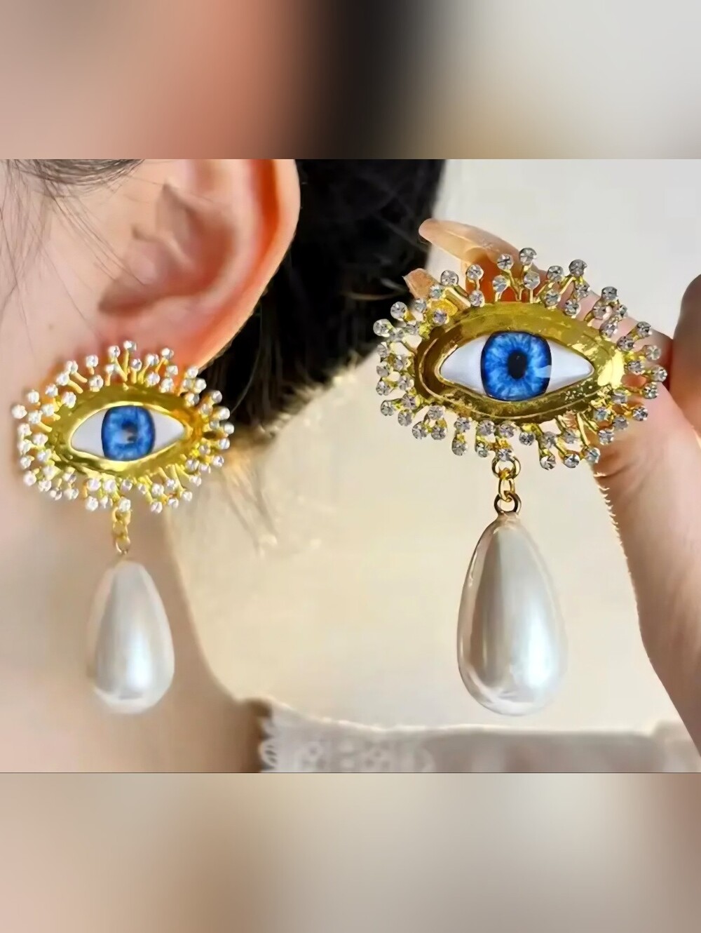 Gold And Blue Evil Eye Large Drop Pearl Dangle Earrings 2.36"L Eye Earrings